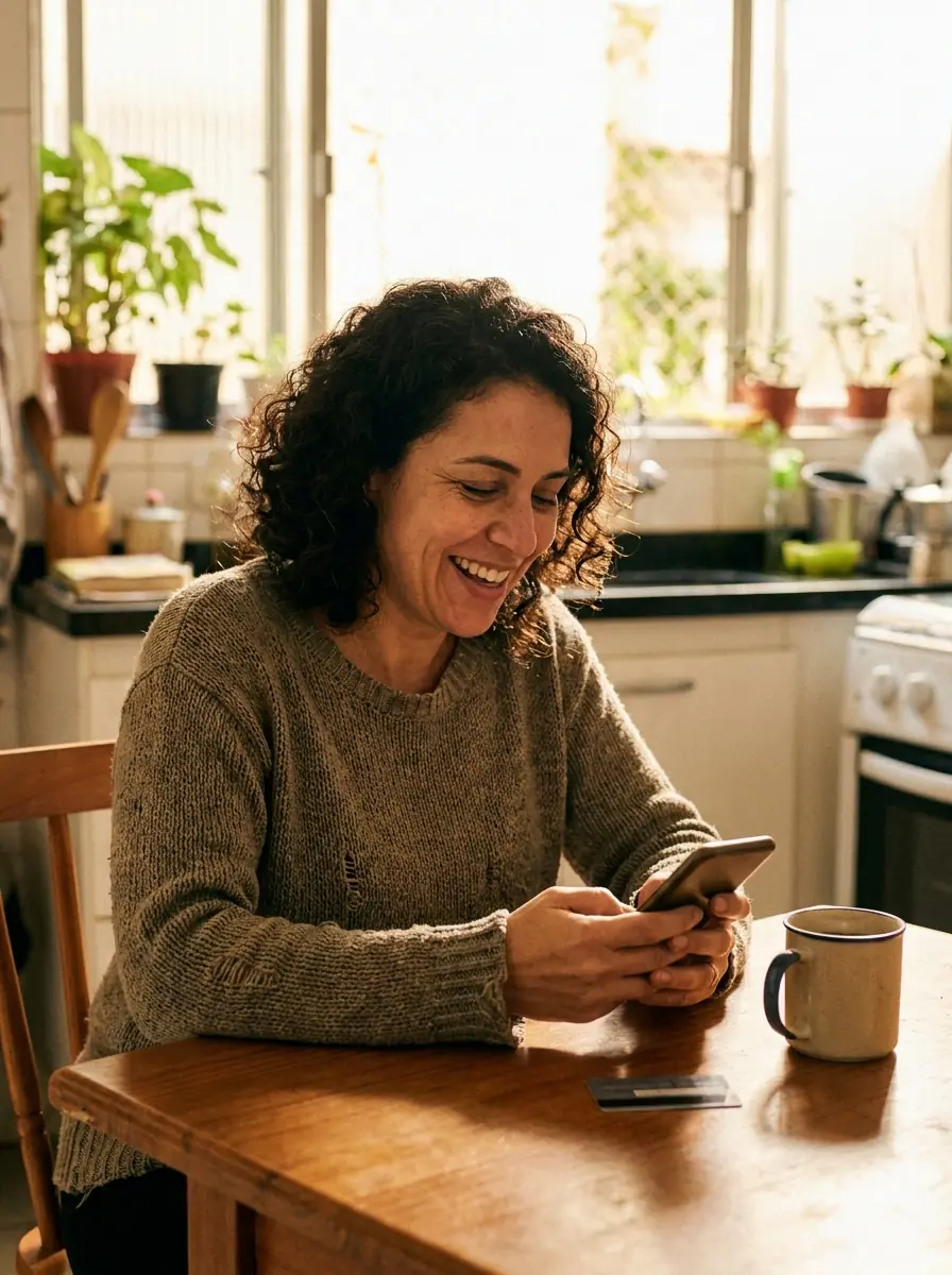 Mulher feliz olhando o celular após receber o PIX da Fincash